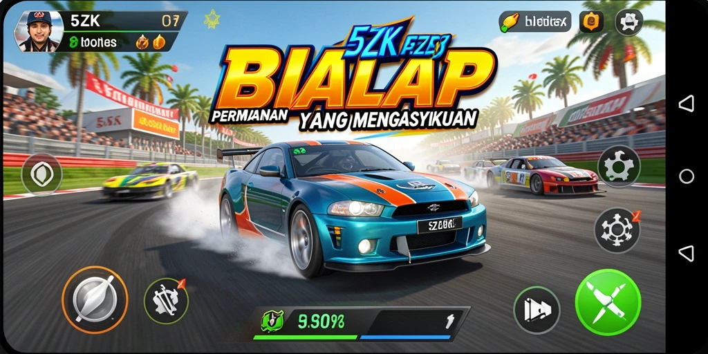 Screenshot gameplay 5ZK menampilkan mobil balap di lintasan yang menantang.