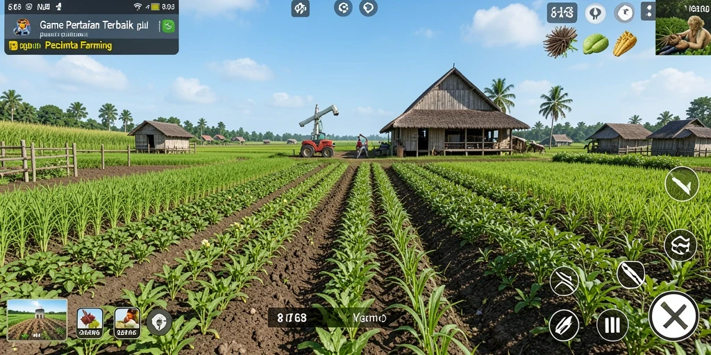 Screenshot menunjukkan gameplay yang menampilkan aktivitas bertani dan merawat tanaman.