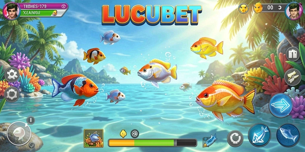 Screenshot gameplay LUCUBET menampilkan aksi tembak ikan yang mendebarkan.