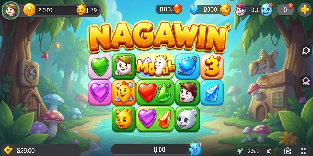 Gambaran gameplay NAGAWIN dengan objek berwarna-warni untuk mencocokkan.