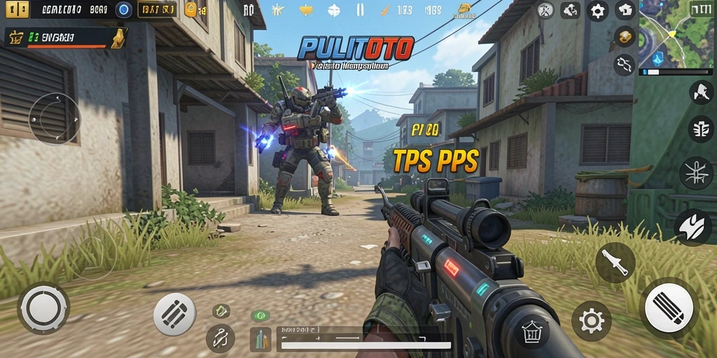 Screenshot menunjukkan aksi seru dalam PULITOTO dengan gameplay TPS yang mendebarkan.