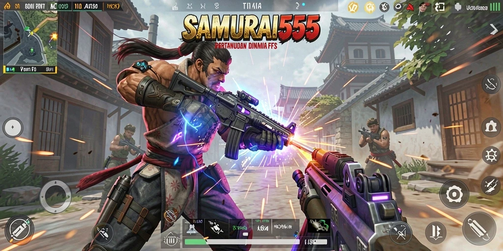 Screenshot menunjukkan intensitas bertempur di SAMURAI555 dengan grafis menakjubkan.